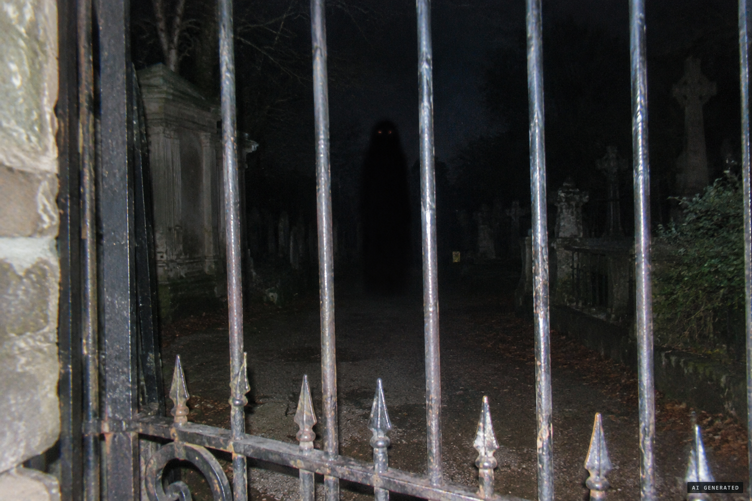 Through the bars: a tall dark shape with two dull reddish eyes