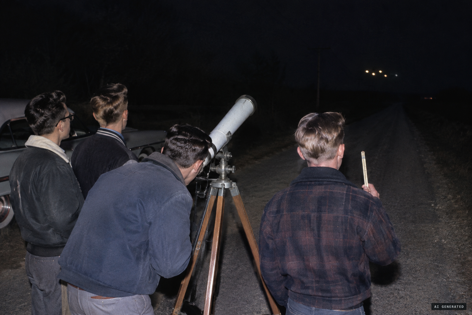 Young men watch up to seven lights through a telescope