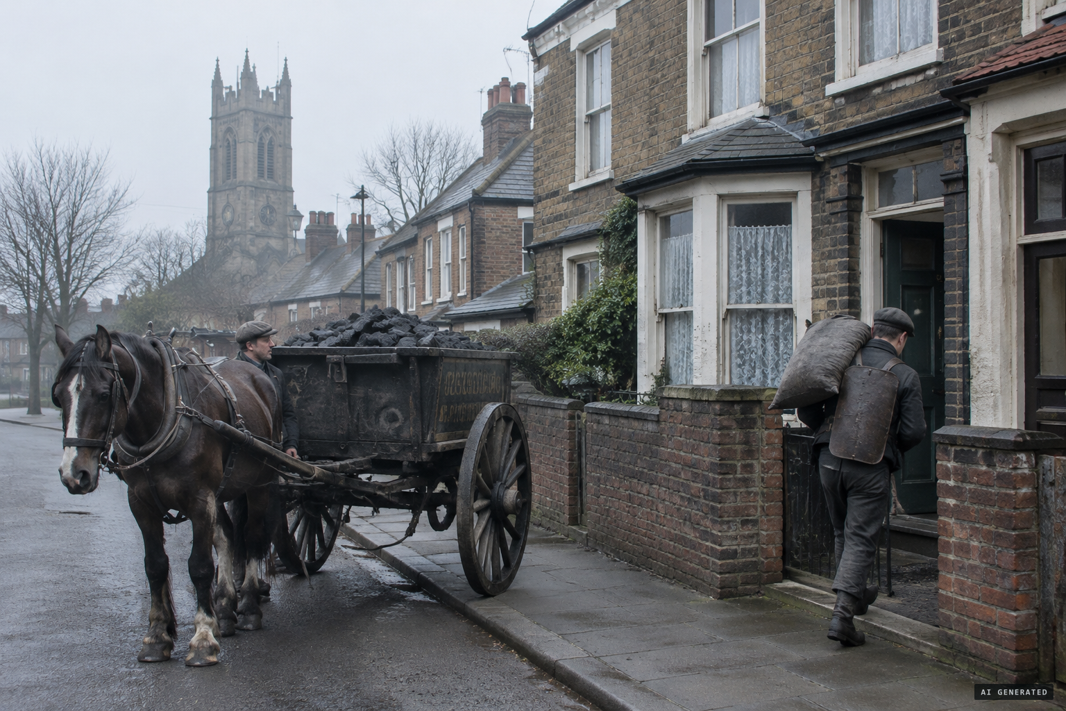 The winter coal arrives at No. 8 Ferrestone Road, beside the Old St Mary's Church Tower.