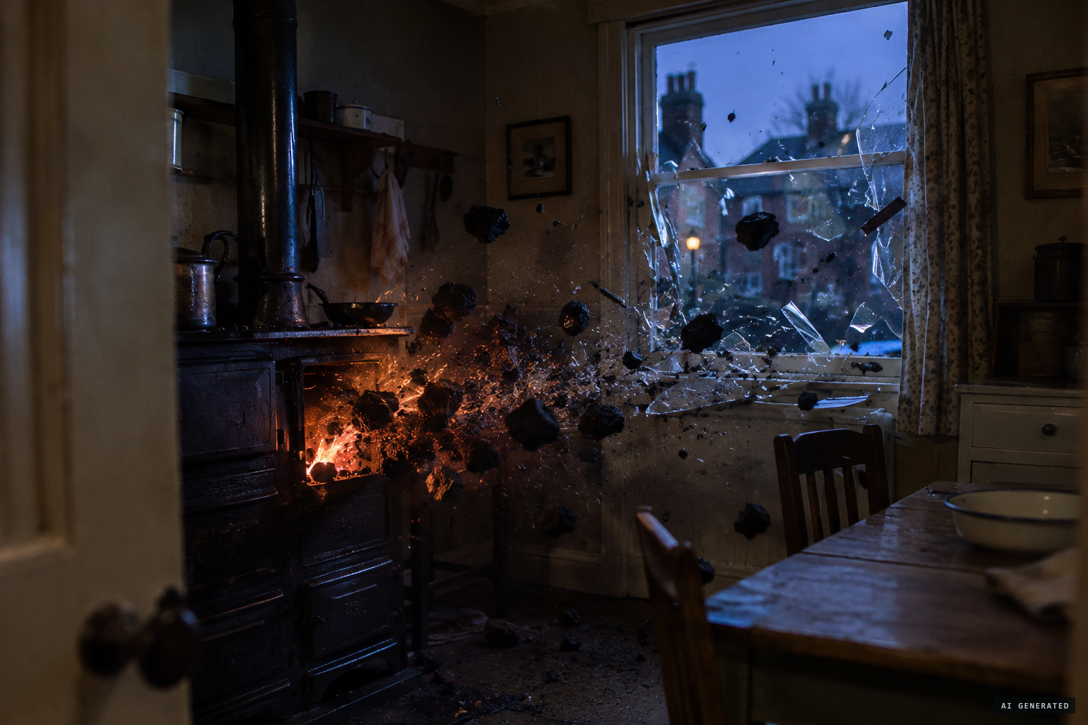 Big lumps leap out of the fire and break the kitchen windows.