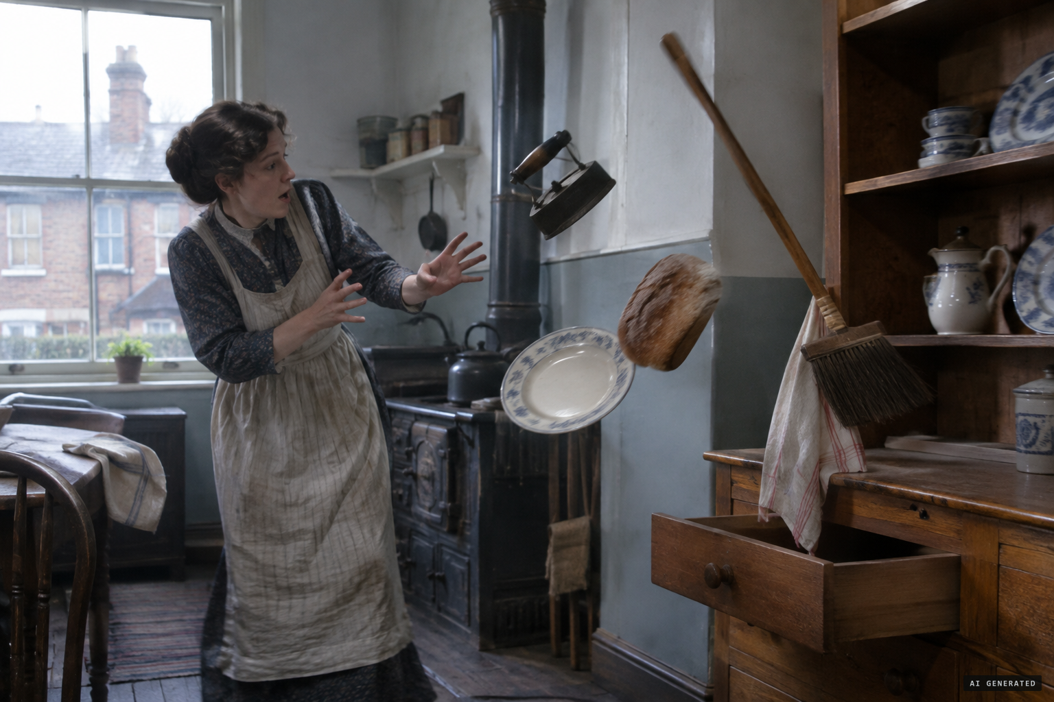Irons, brooms and crockery move, and a loaf flies into a drawer.