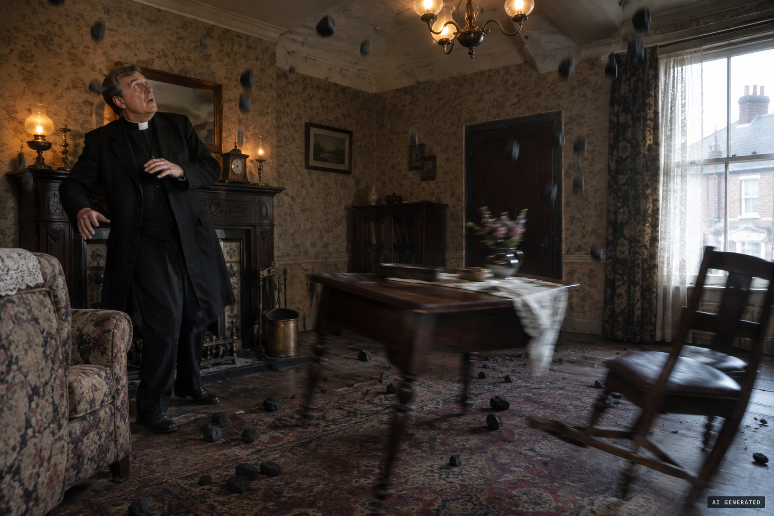 The vicar of St Gabriel's sees coal drop as though from the ceiling.