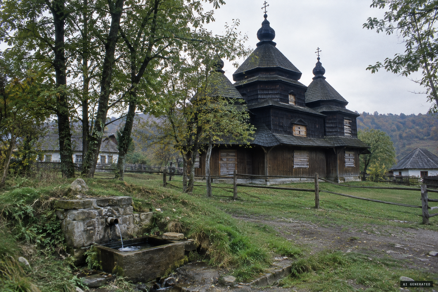 The wooden Holy Trinity church at Hrushiv, closed by Soviet authorities, beside its healing spring.