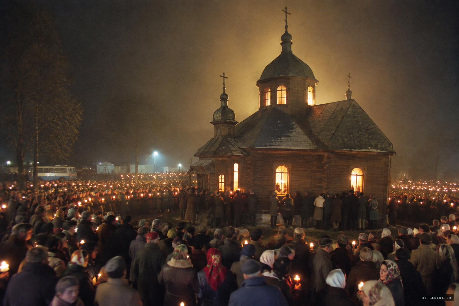 Pilgrims light candles in a huge circle round the chapel; some report golden mist and lights in the windows.