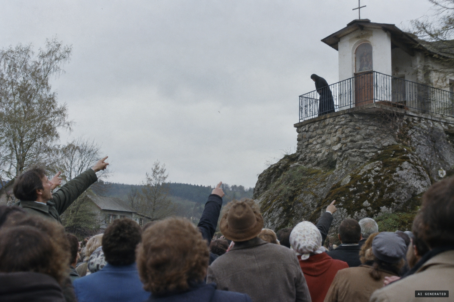 A pilgrim sees a Woman in black above the balcony slowly bend toward the east: "She is moving!"