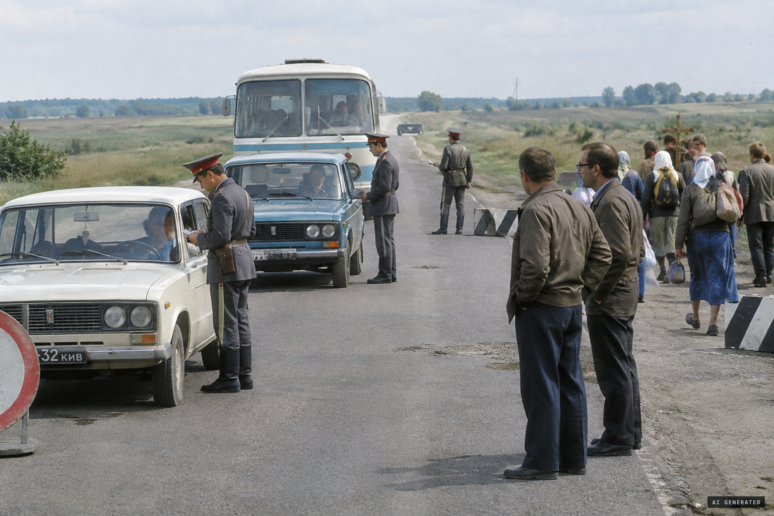 Militia stop traffic outside the village while plain-clothes KGB officers move through the crowd.