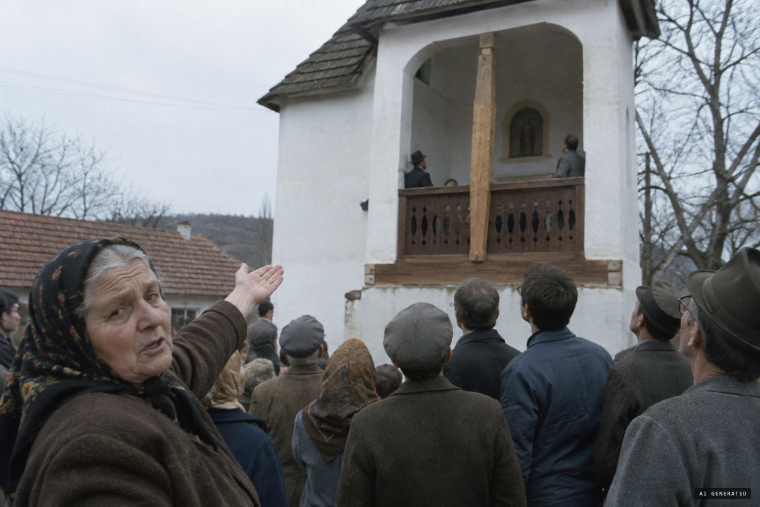 A local woman tells the crowd: "It's just a pillar."
