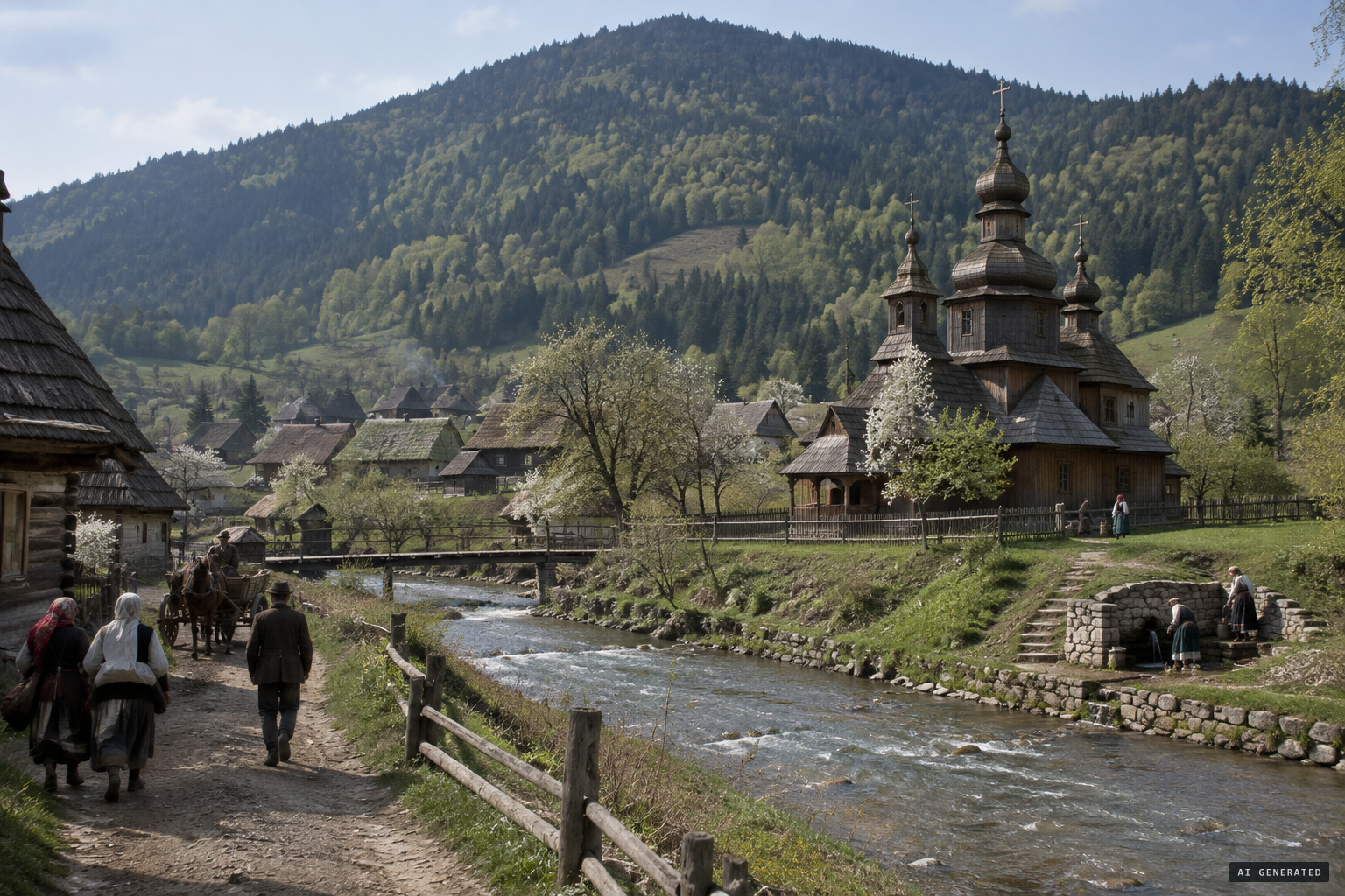 Hrushiv, its healing spring and Holy Trinity church beneath Mount Krasna