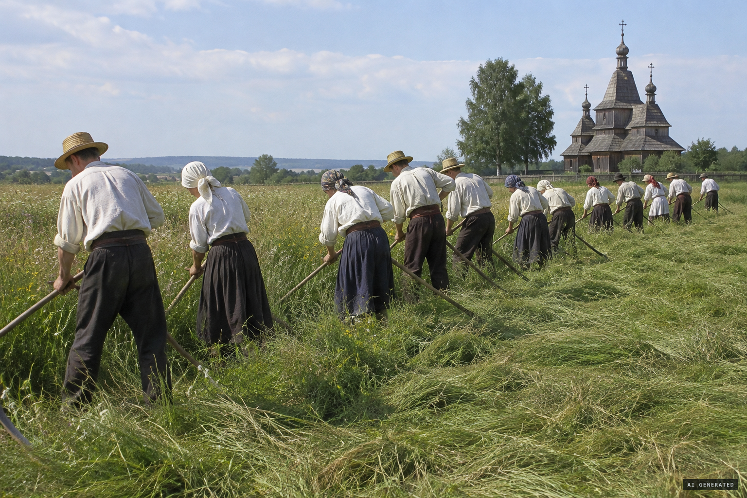 12 May 1914: twenty-two villagers mowing the fields near the church