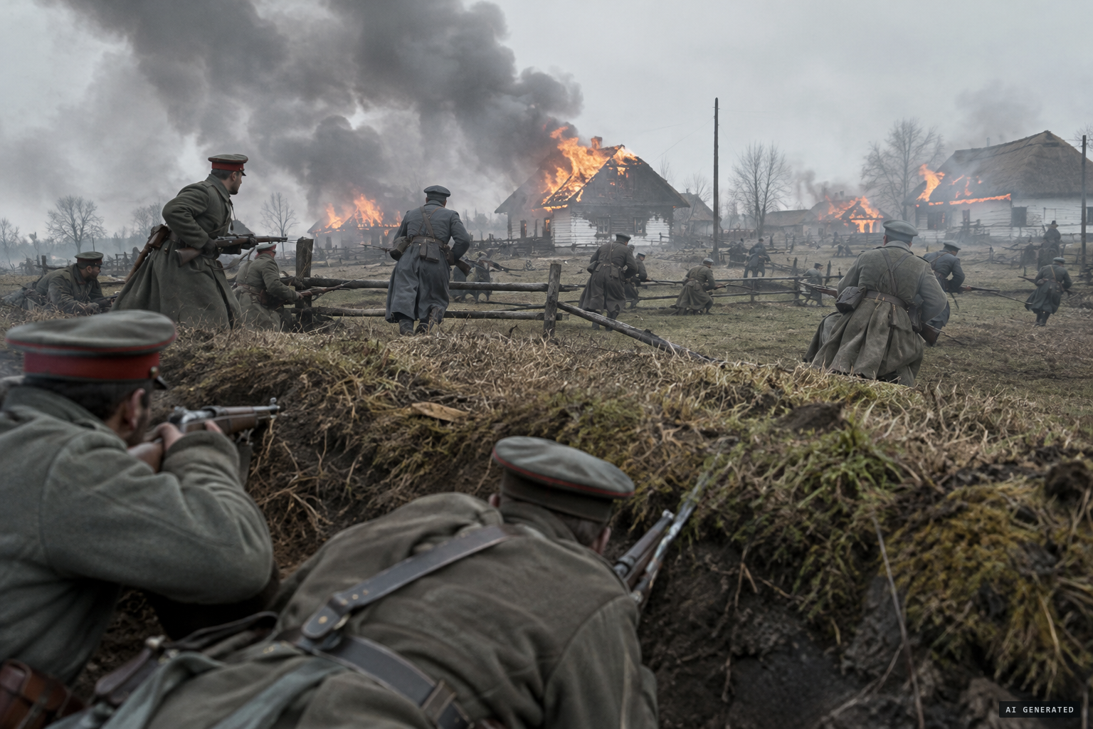 1915: fighting between Austrian and Russian armies burns the village