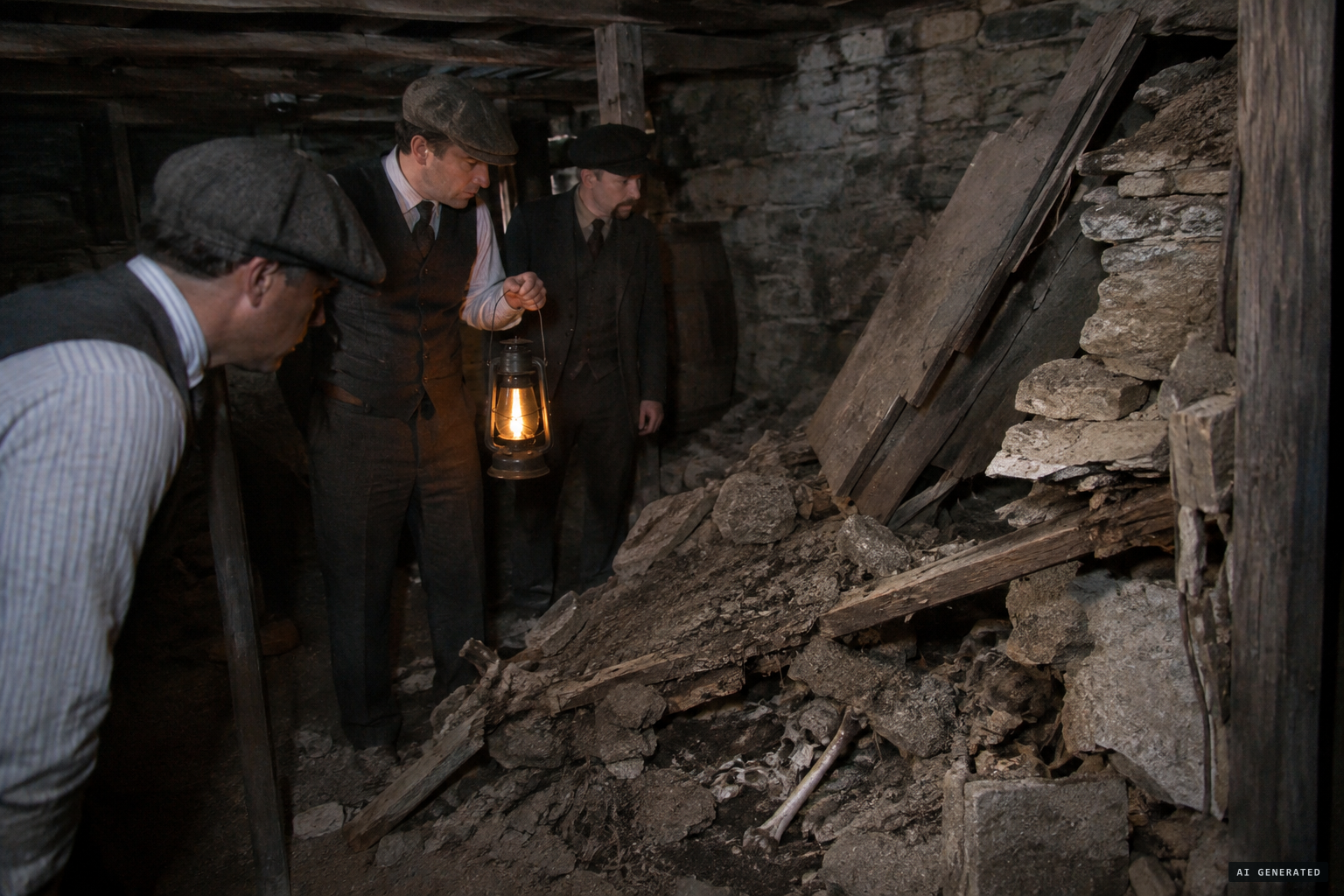Bones found in the cellar walls after a false wall collapsed, 1904