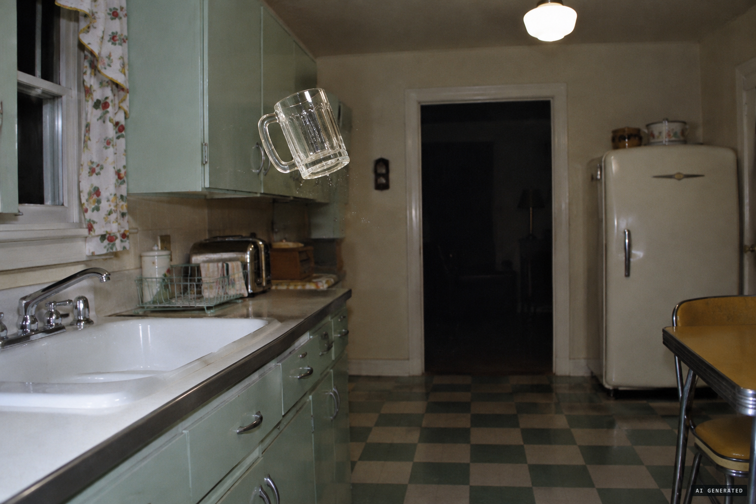 A heavy glass beer mug lifts out of the kitchen sink and flies across the room