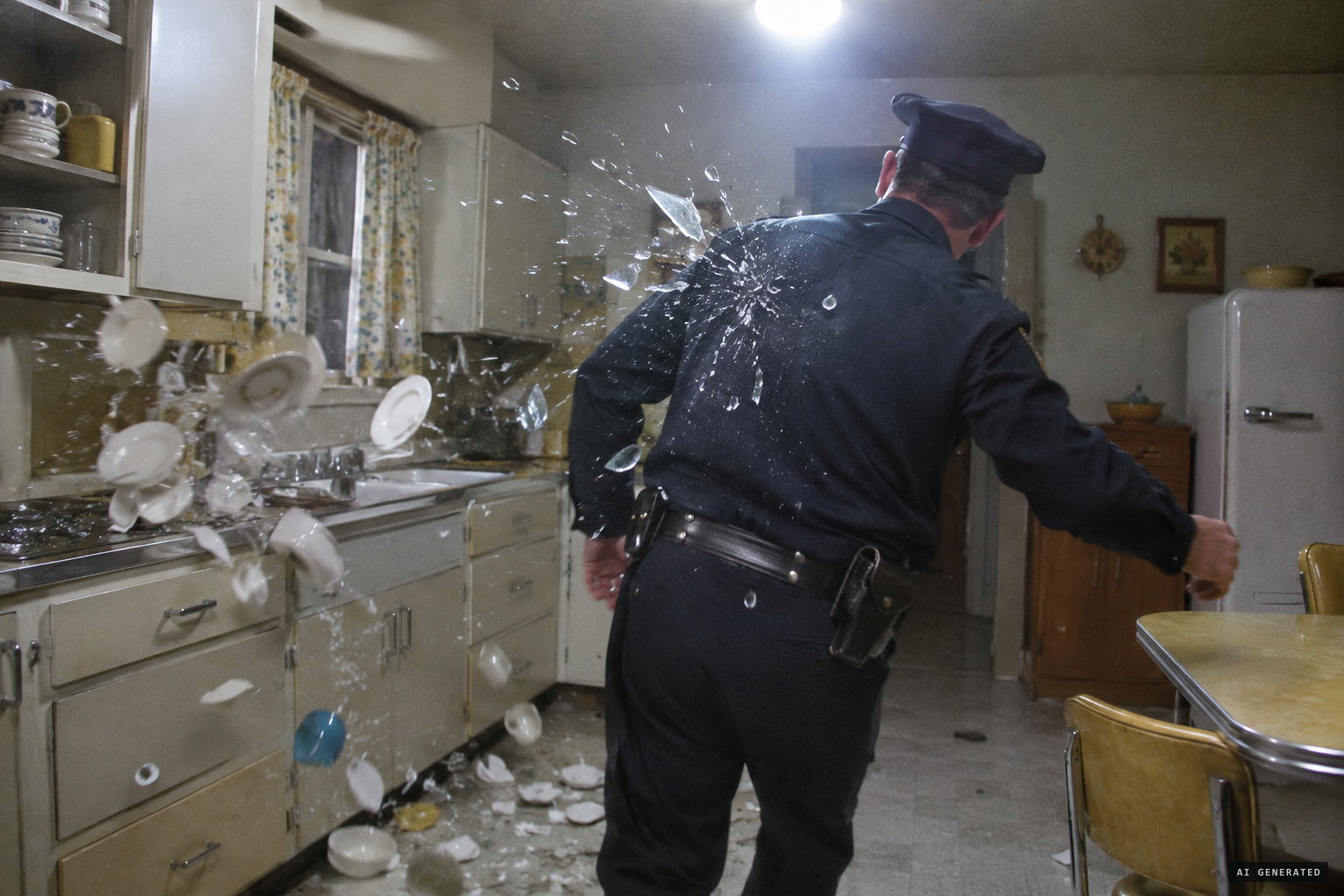 Patrolman Ray Patton is struck in the back by a flying glass