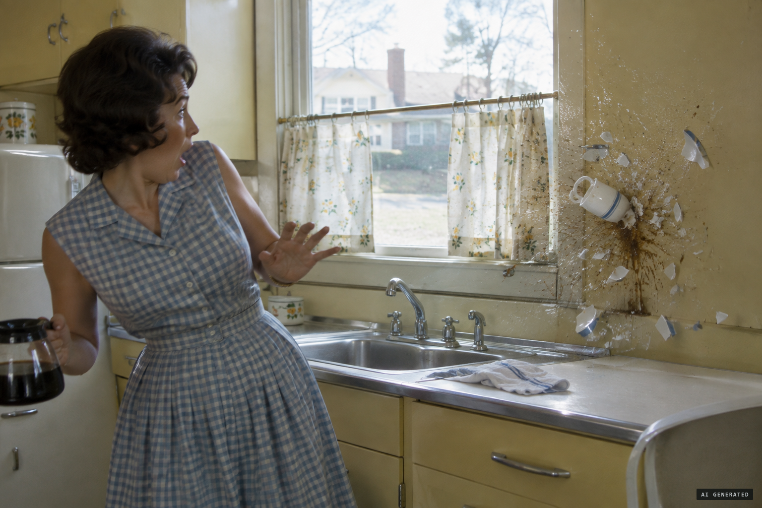 A coffee cup flies from the sink and smashes against the wall