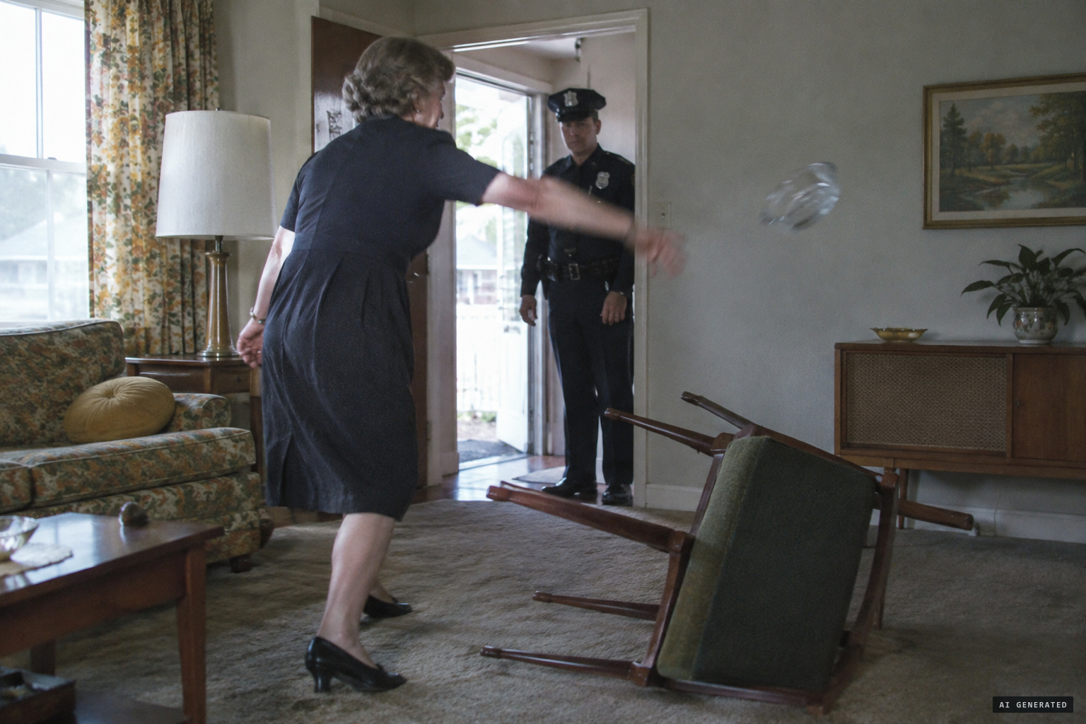 A sergeant sees Mrs Gemmecke throw an ashtray and overturn furniture