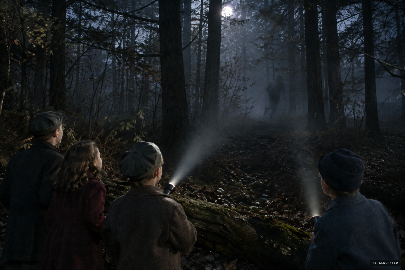 Children cornered in the woods as the creature bounds away