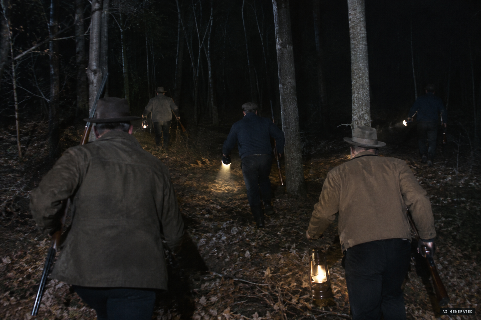 People running through the woods with weapons, ready to fire