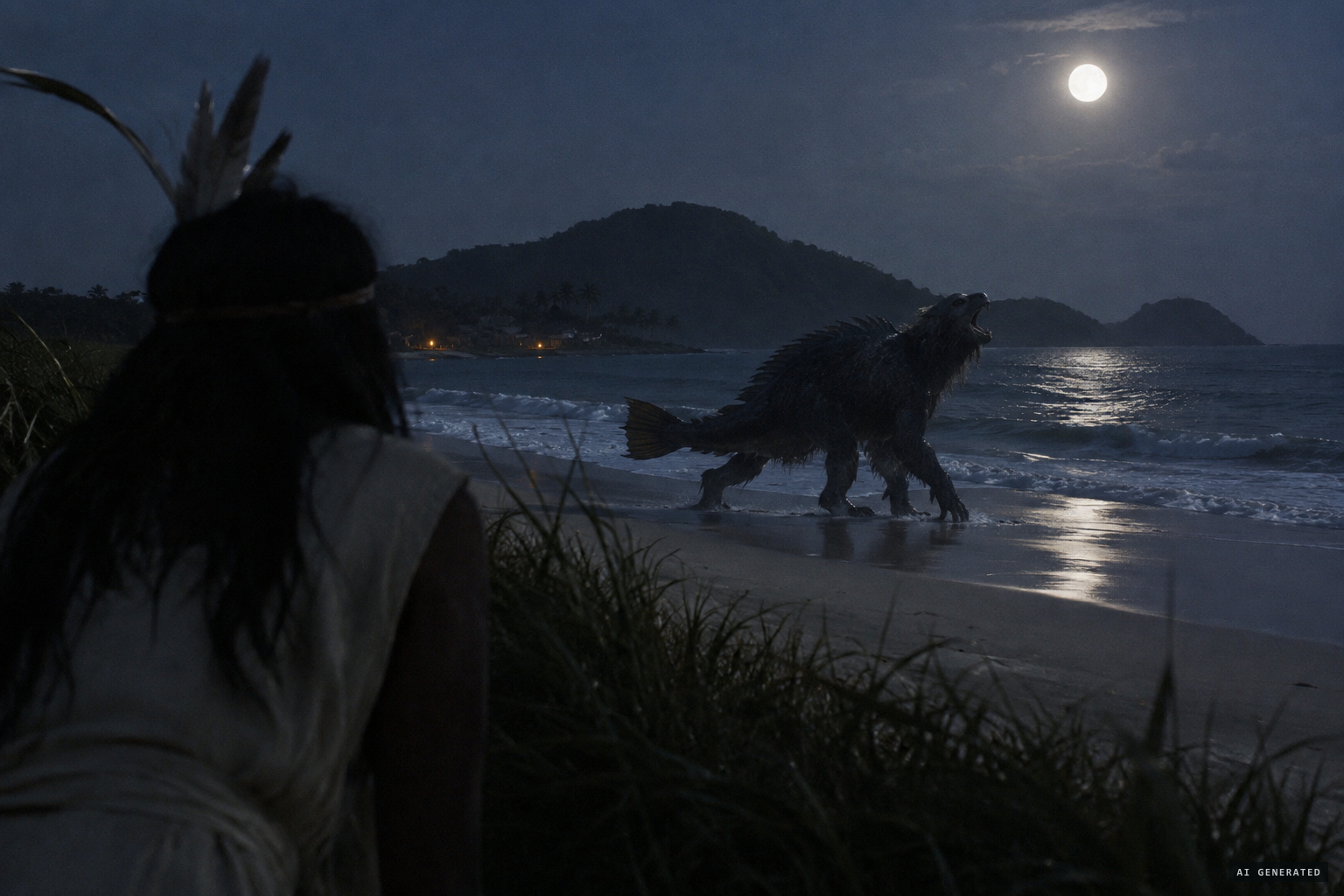 At night, the woman sees a strange creature moving on the shore