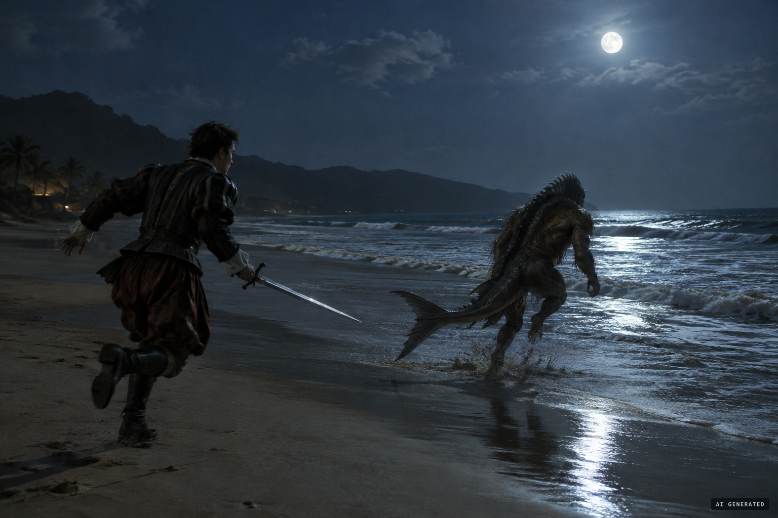 Baltasar Ferreira goes out with only a sword and finds the creature heading for the sea