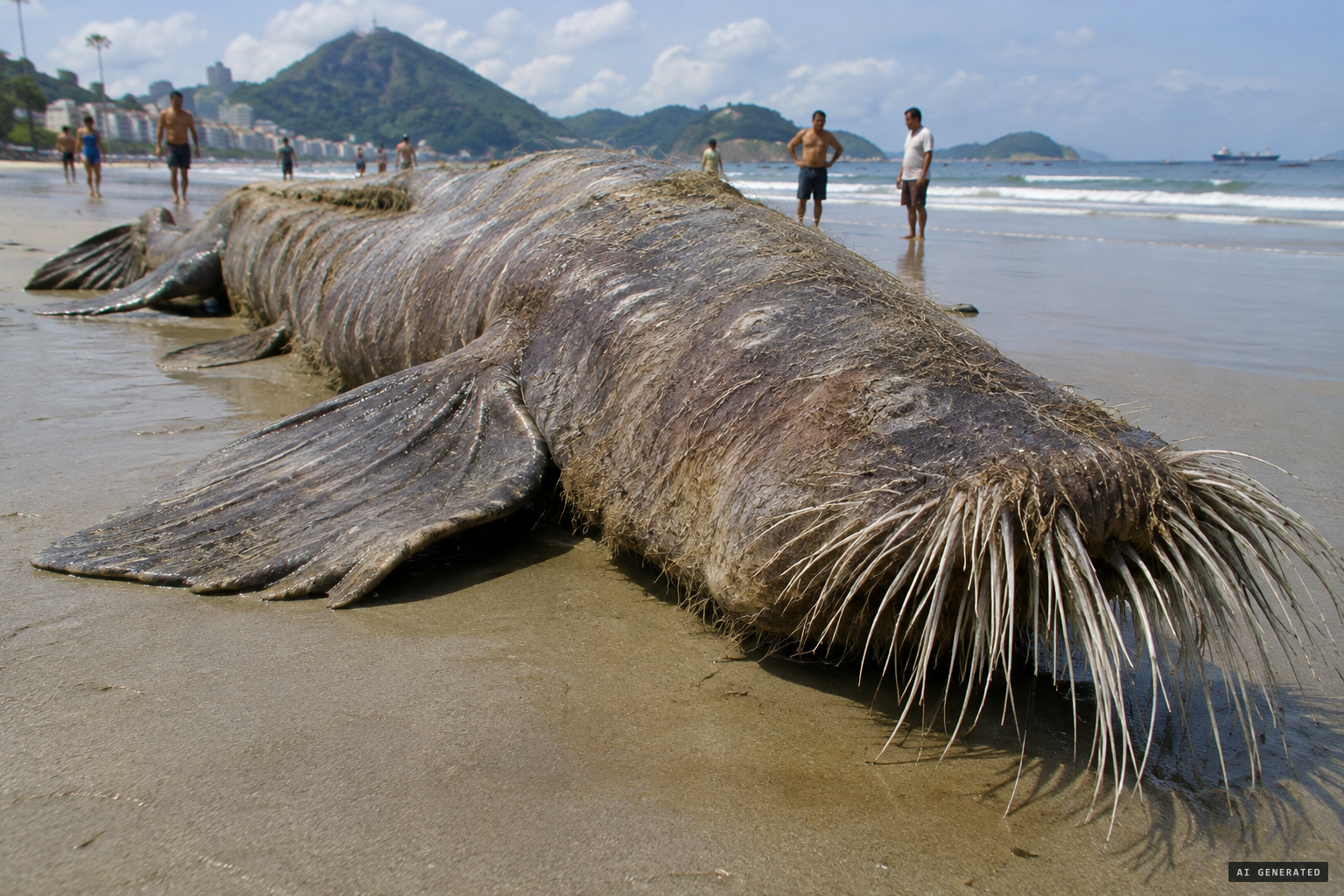 Fifteen palms long, scattered with hair, whiskered snout and fins: the Hipupiàra, a water demon