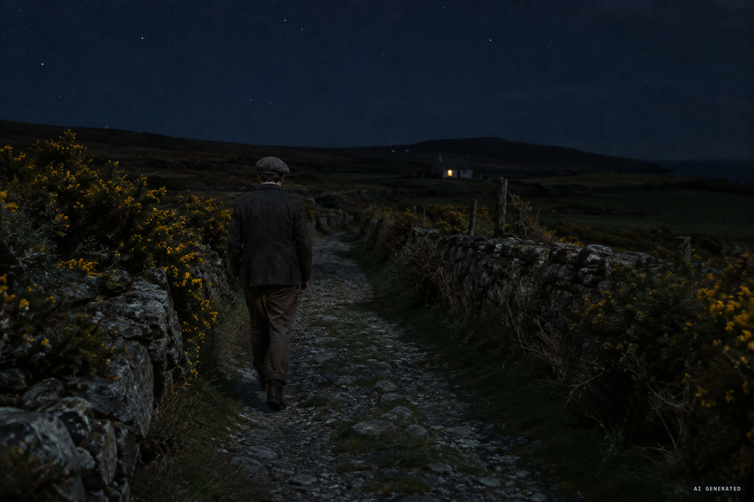 A young man walking home late along the grey stone road