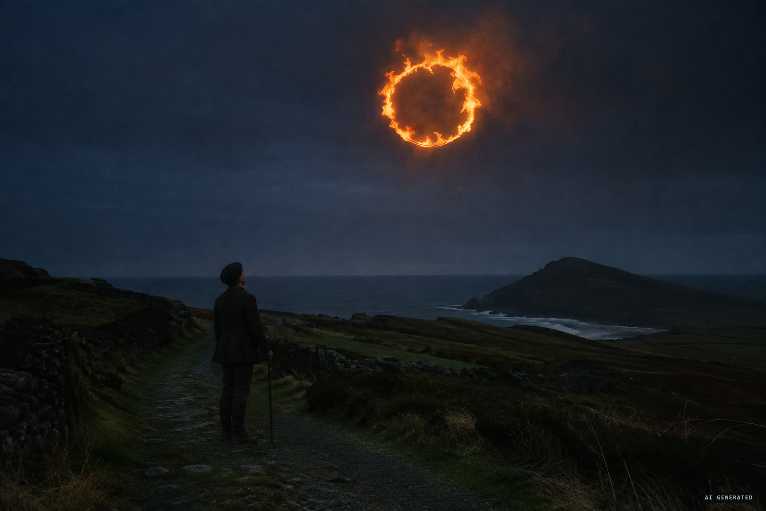 The burning wheel hovering over a man before shooting off
