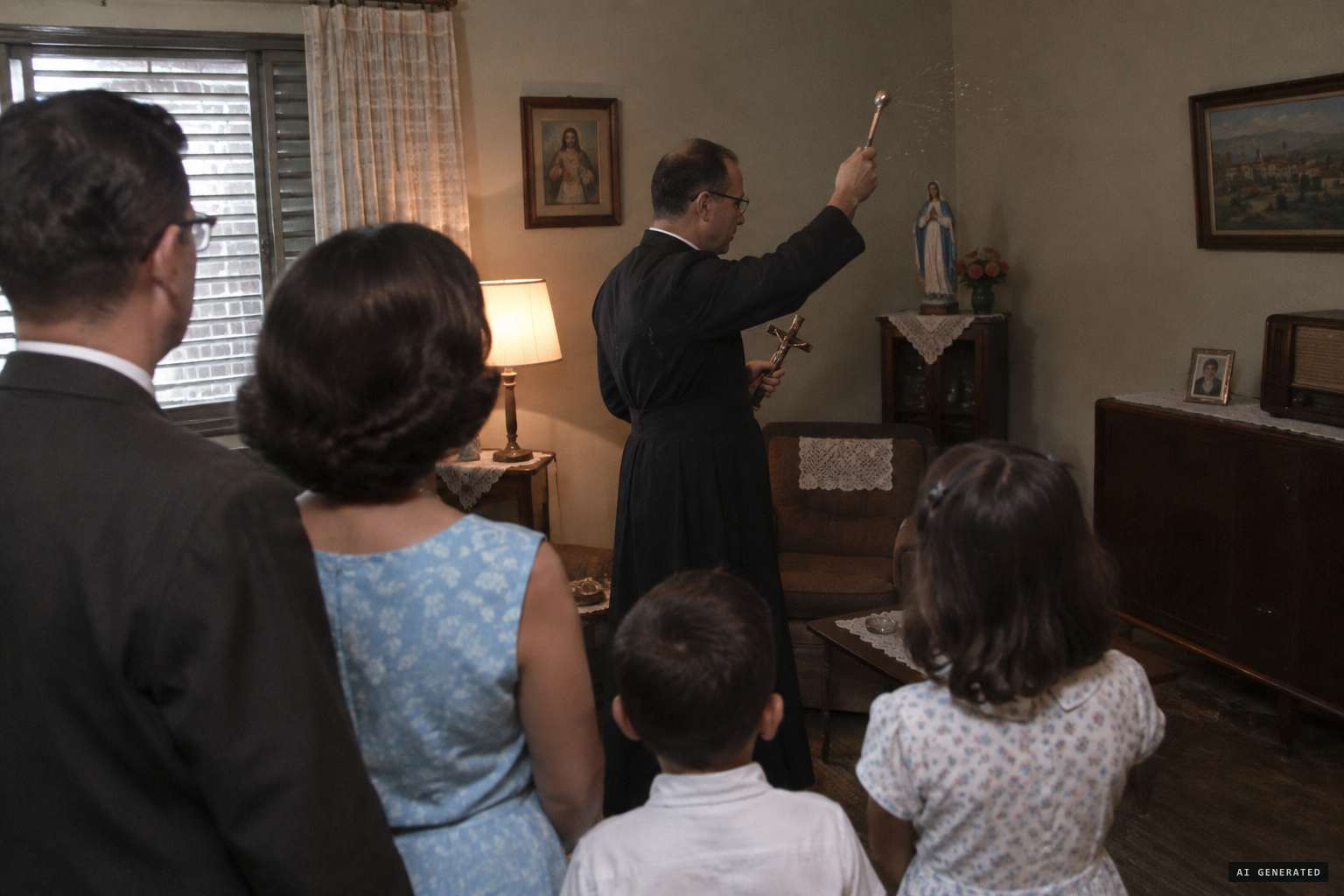 The local priest performs an exorcism in the house