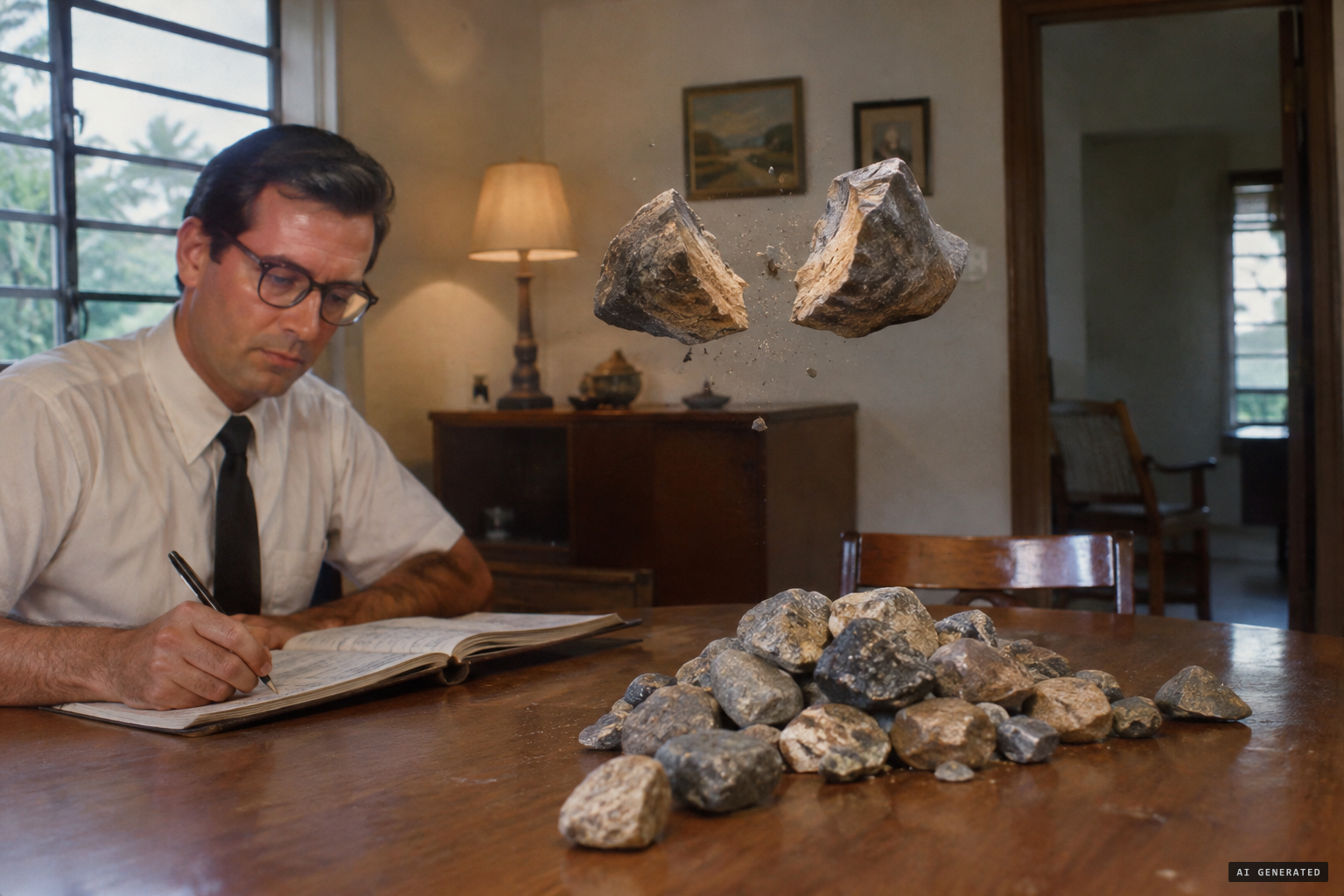 Stones keep falling, one splitting in two on its way down