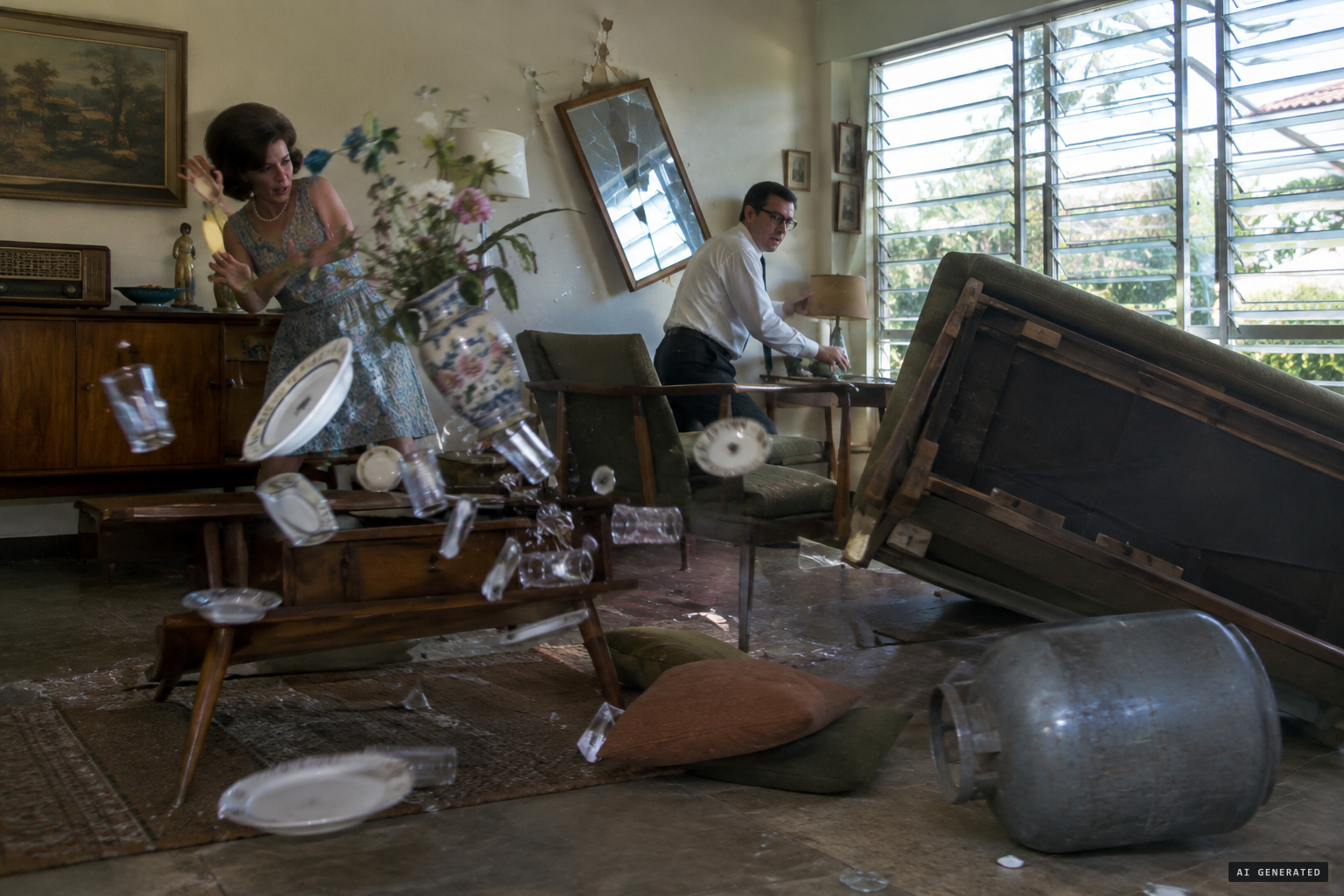 Plates, vases, chairs and a sofa are thrown around the house