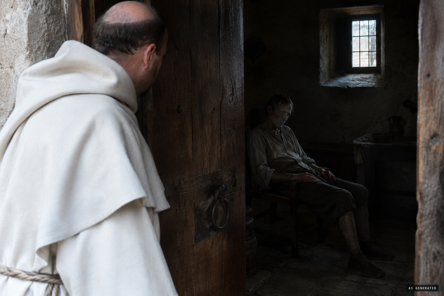 Pater Georgio finds the dead Grando sitting behind the door