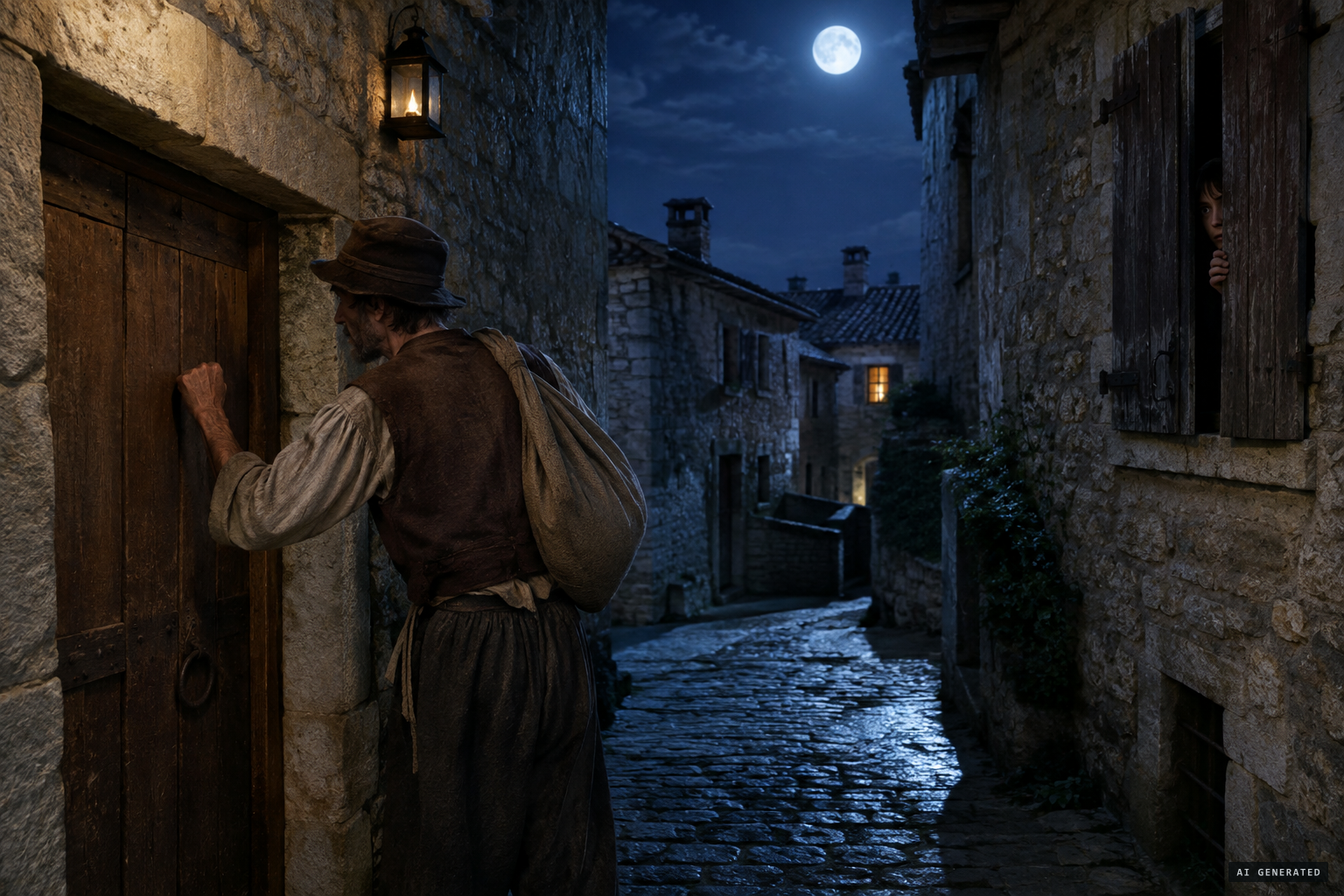Grando walking the streets at night, knocking on doors