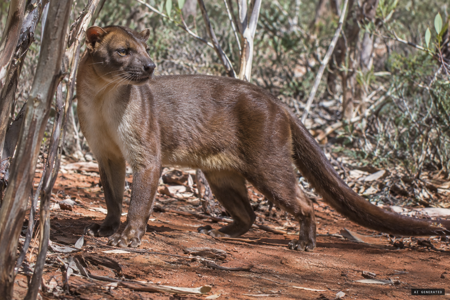 Glossy brown body, lighter undercarriage, a long tail: 'no fox at all'