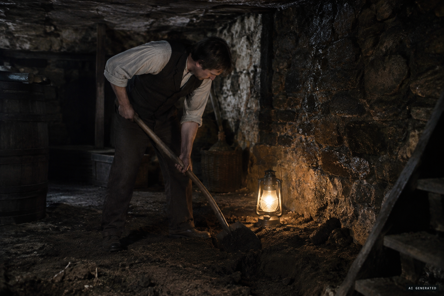 Following Piskator's instruction, Bjerre digs in the cellar