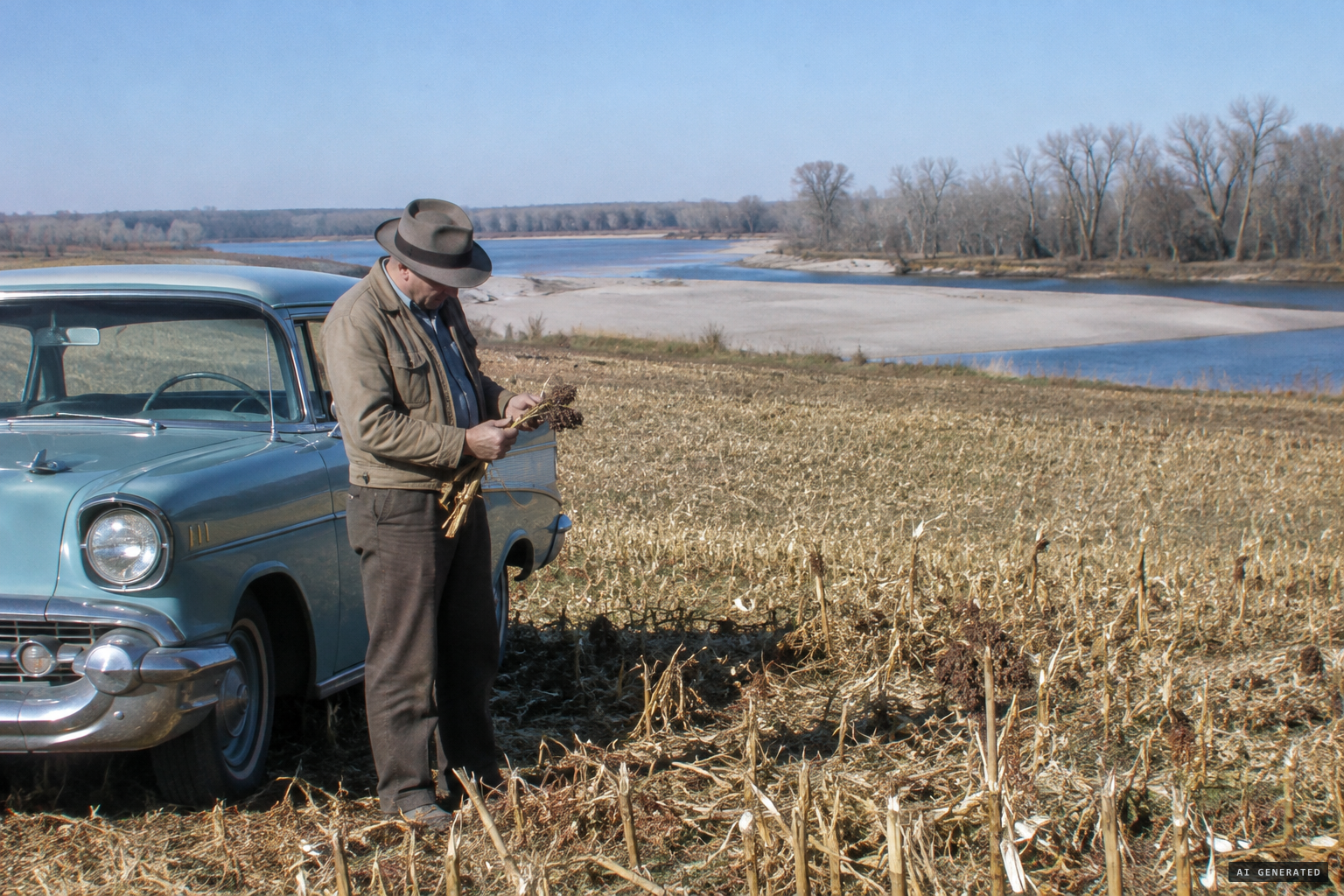 Grain buyer Reinhold Schmidt checks milo and corn near the Platte River, November 5, 1957