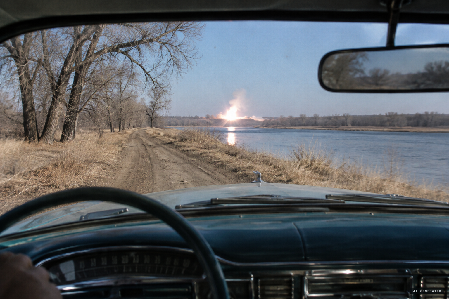 A bright flash ahead near the river bank