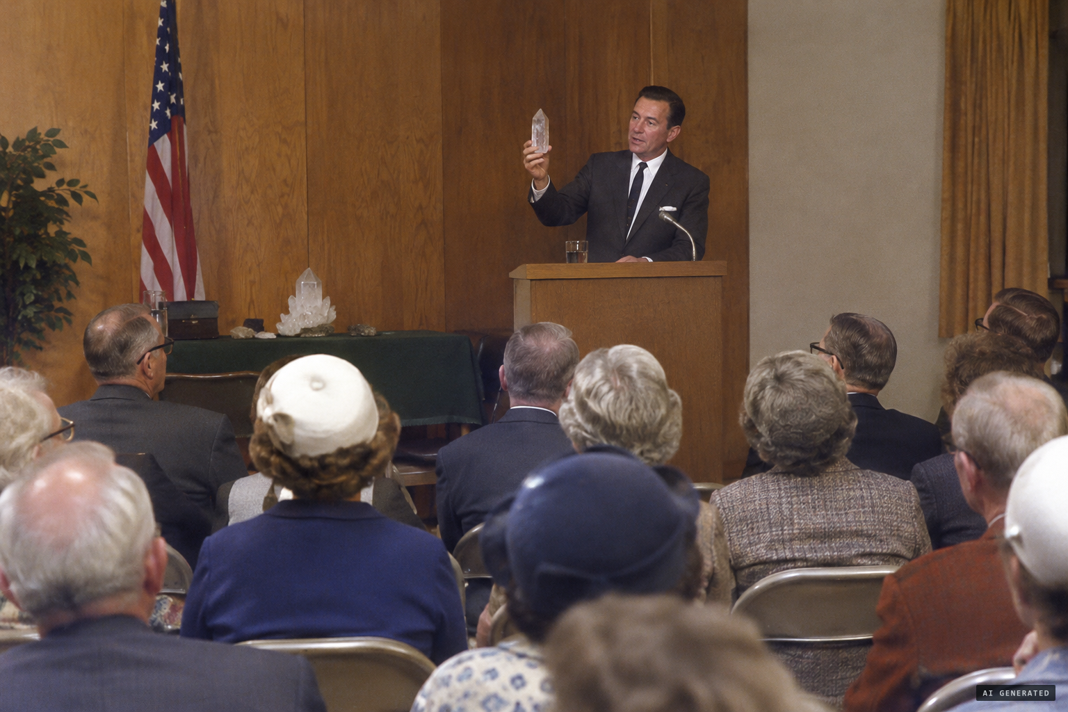 In Bakersfield, Schmidt tells elderly listeners of cancer-curing quartz crystals