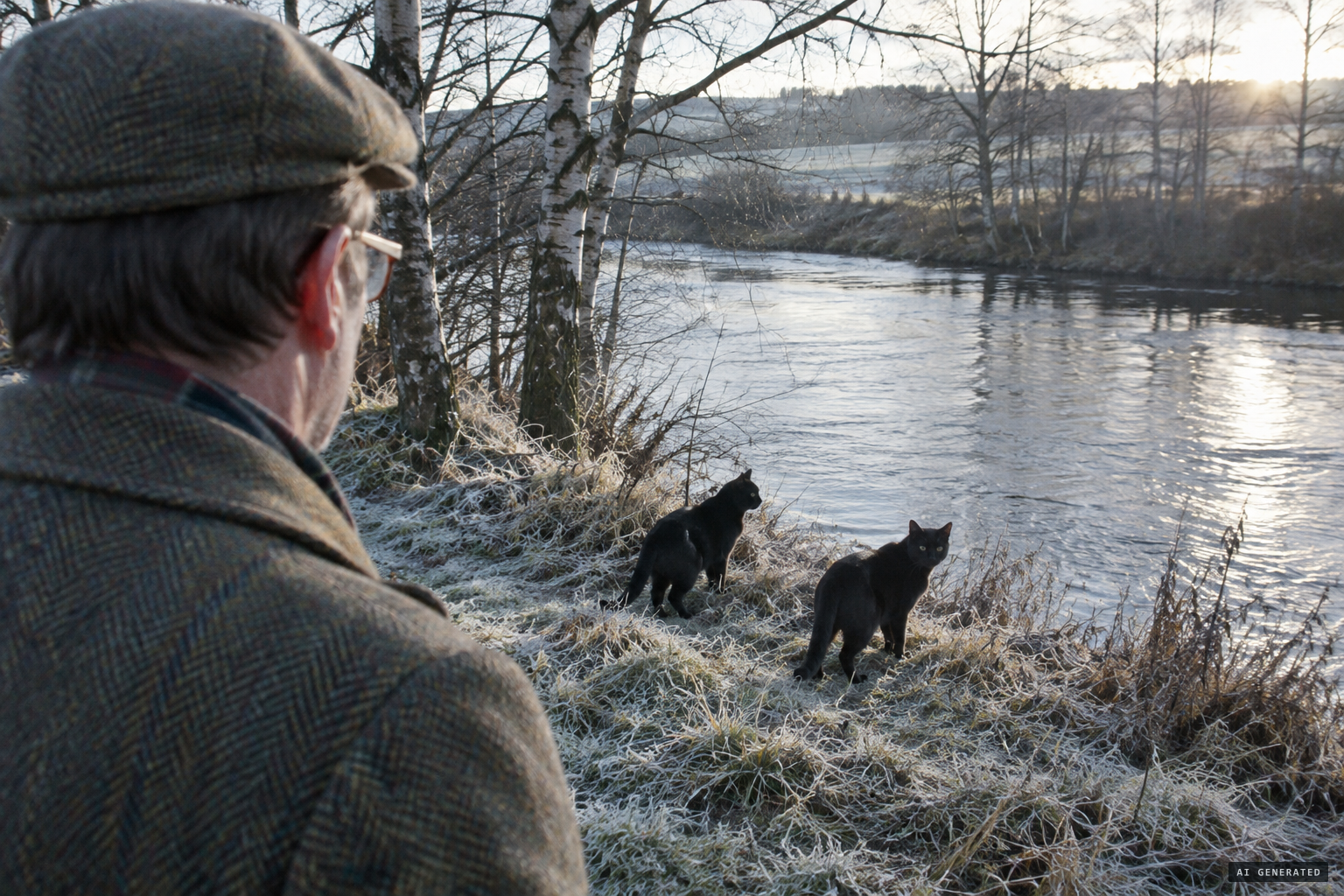 Near the River Lossie, Christie sees a pair of black cats.