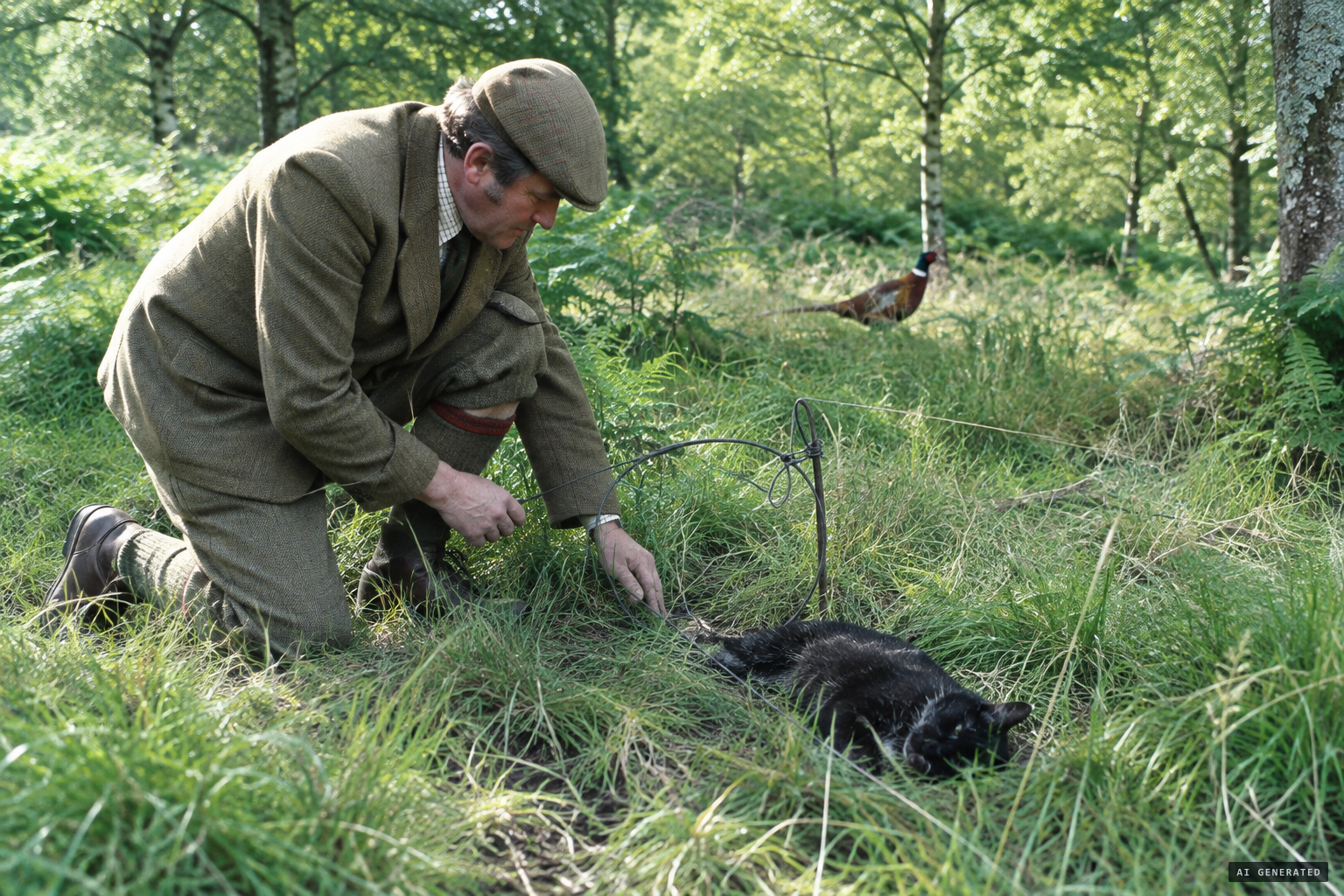 Gamekeeper Ronald Douglas finds an adult male dead in a fox snare.
