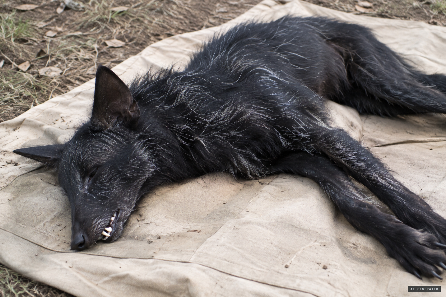 Gracile, black, white-flecked, with projecting canines and large ears.