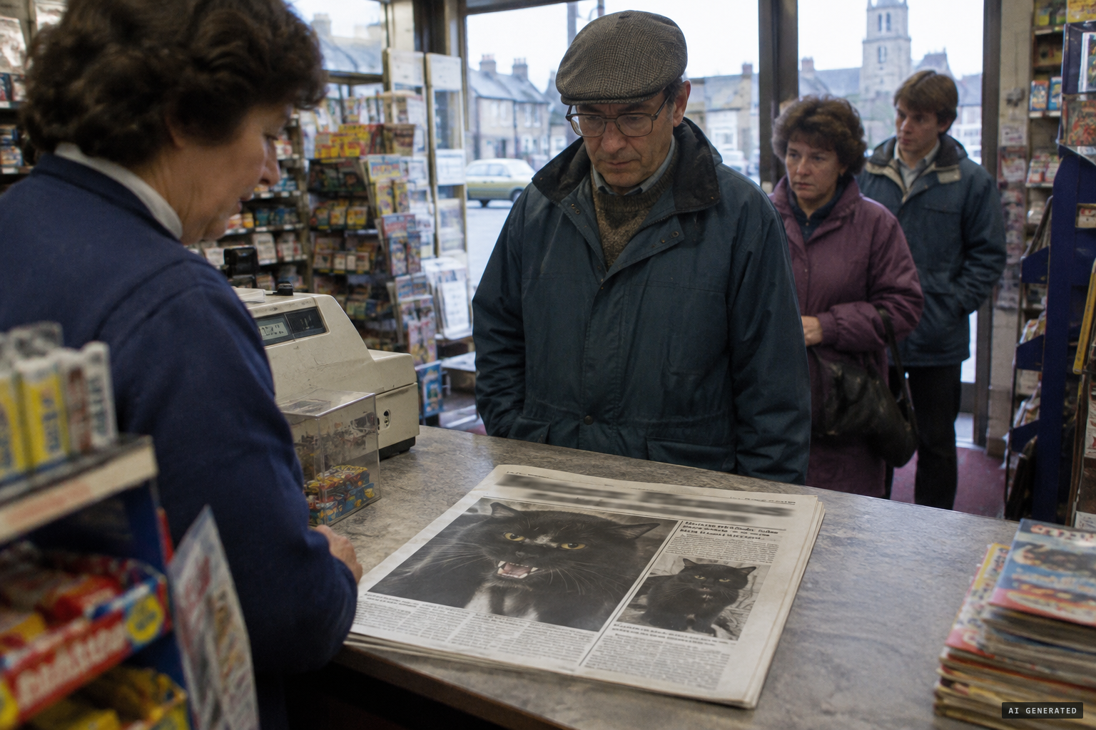 The Forres Gazette is dominated by photographs of a large black cat.