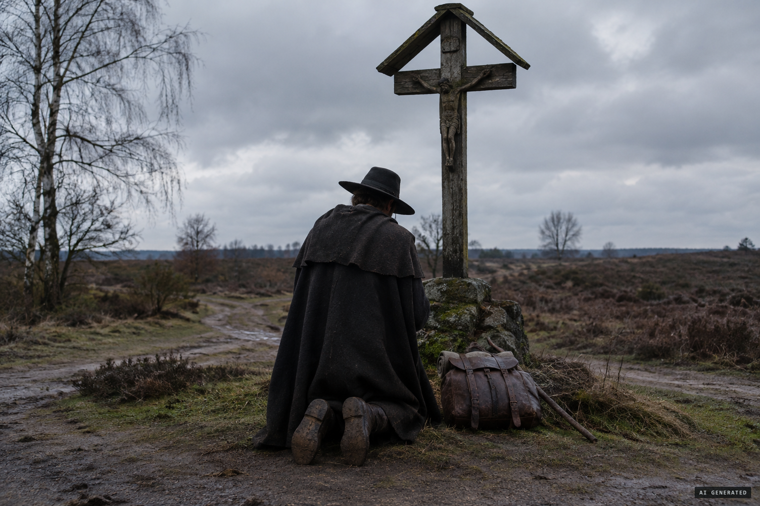 Hendrick Busman stops to pray at the hail cross shortly before Christmas