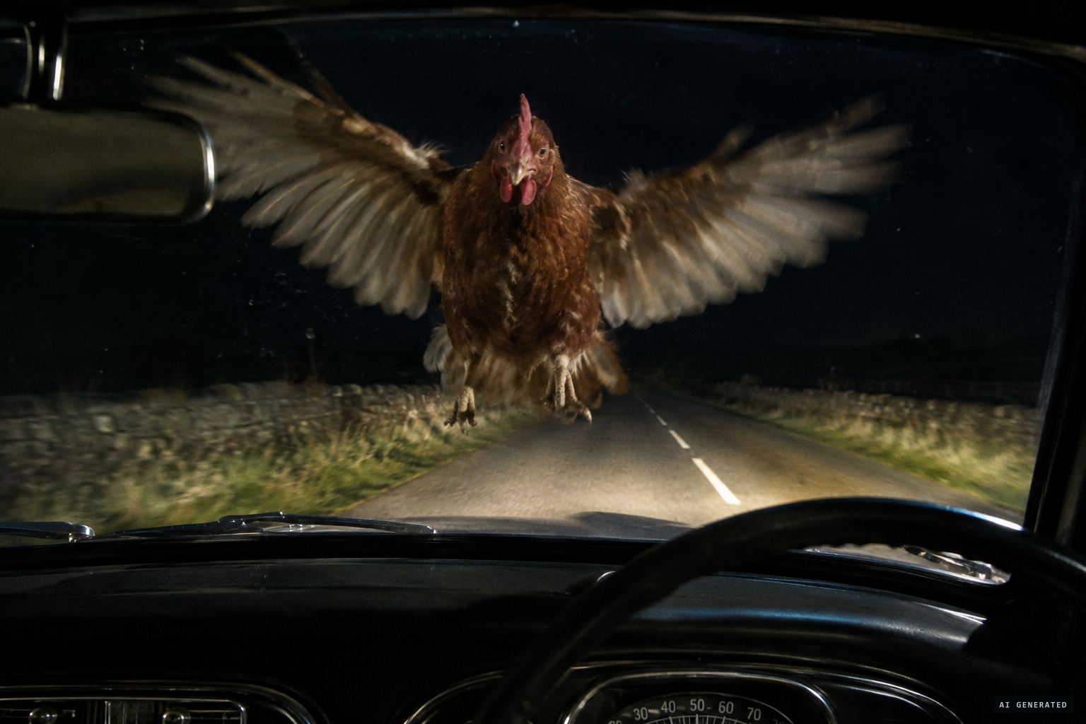 A large hen flies at the windscreen