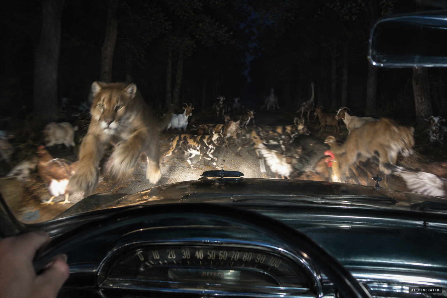 A procession of cats, dogs, goats, fowl and stranger creatures