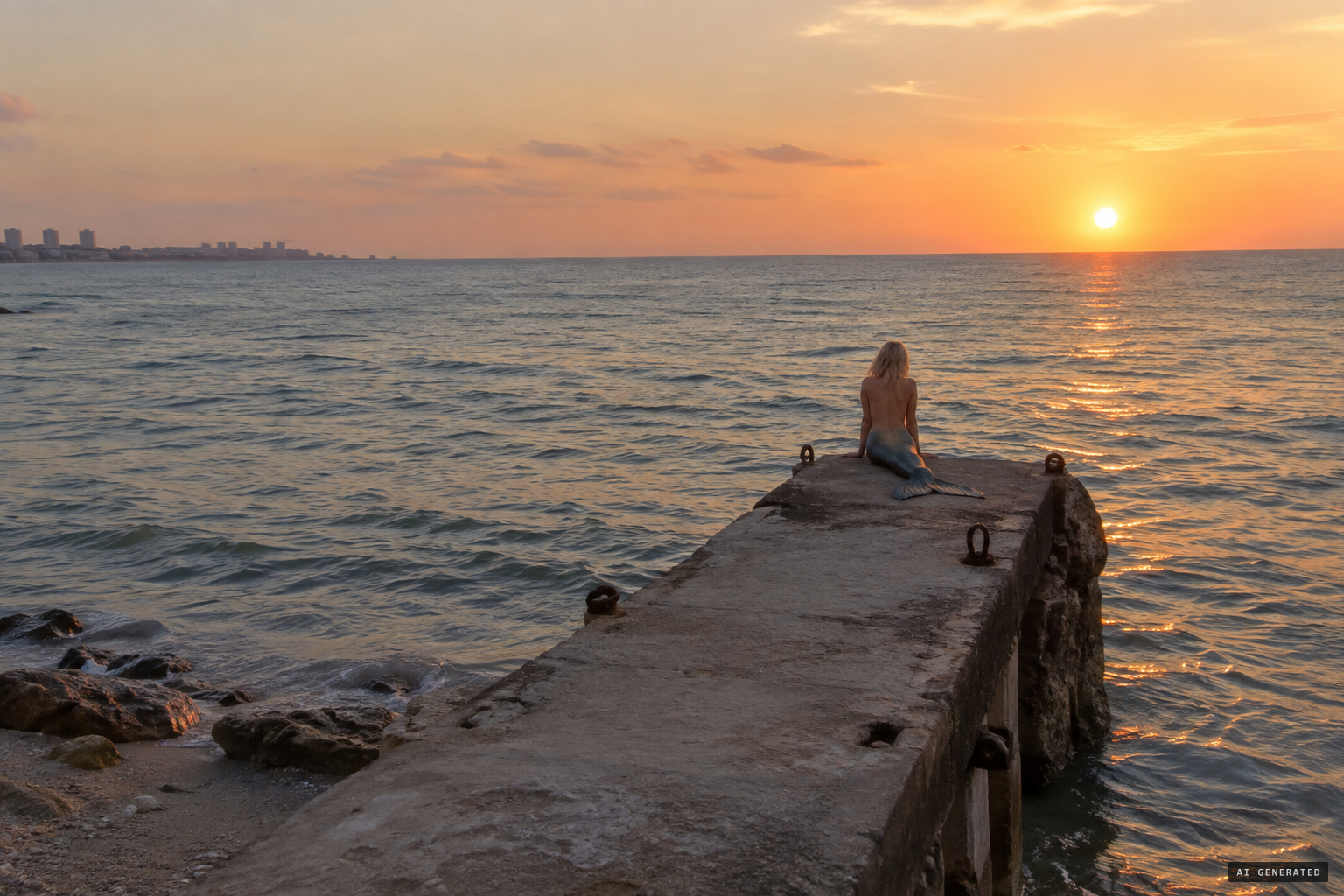 A pale figure with a fish tail sits on the dock gazing at the horizon