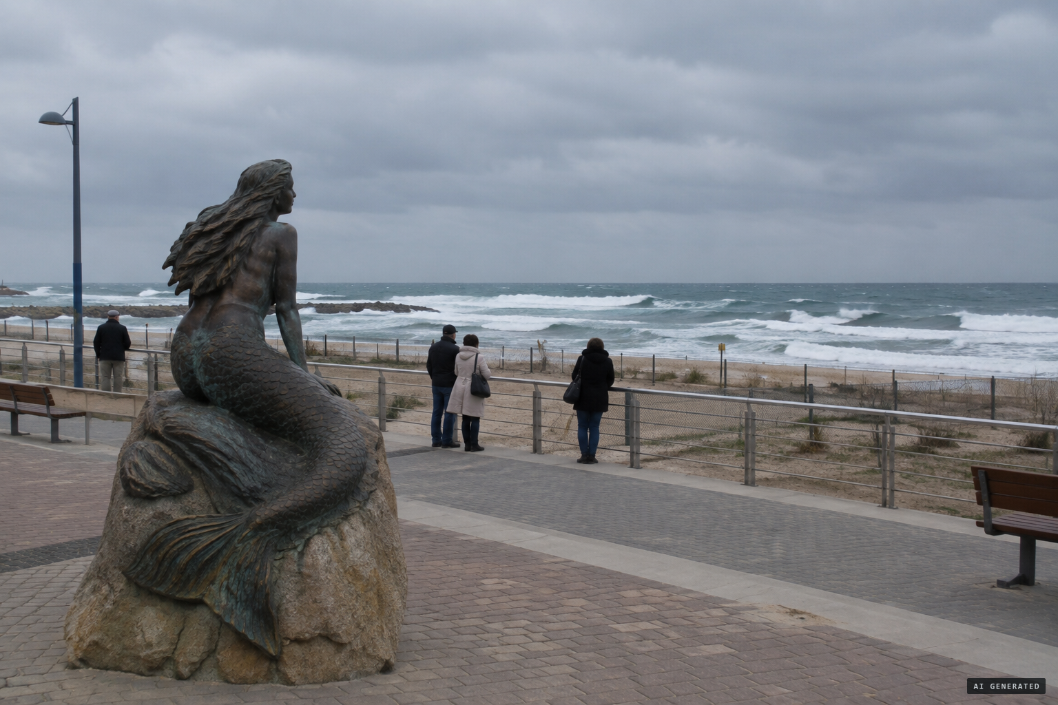 The mermaid statue on the promenade and the beachfront plot put up for sale