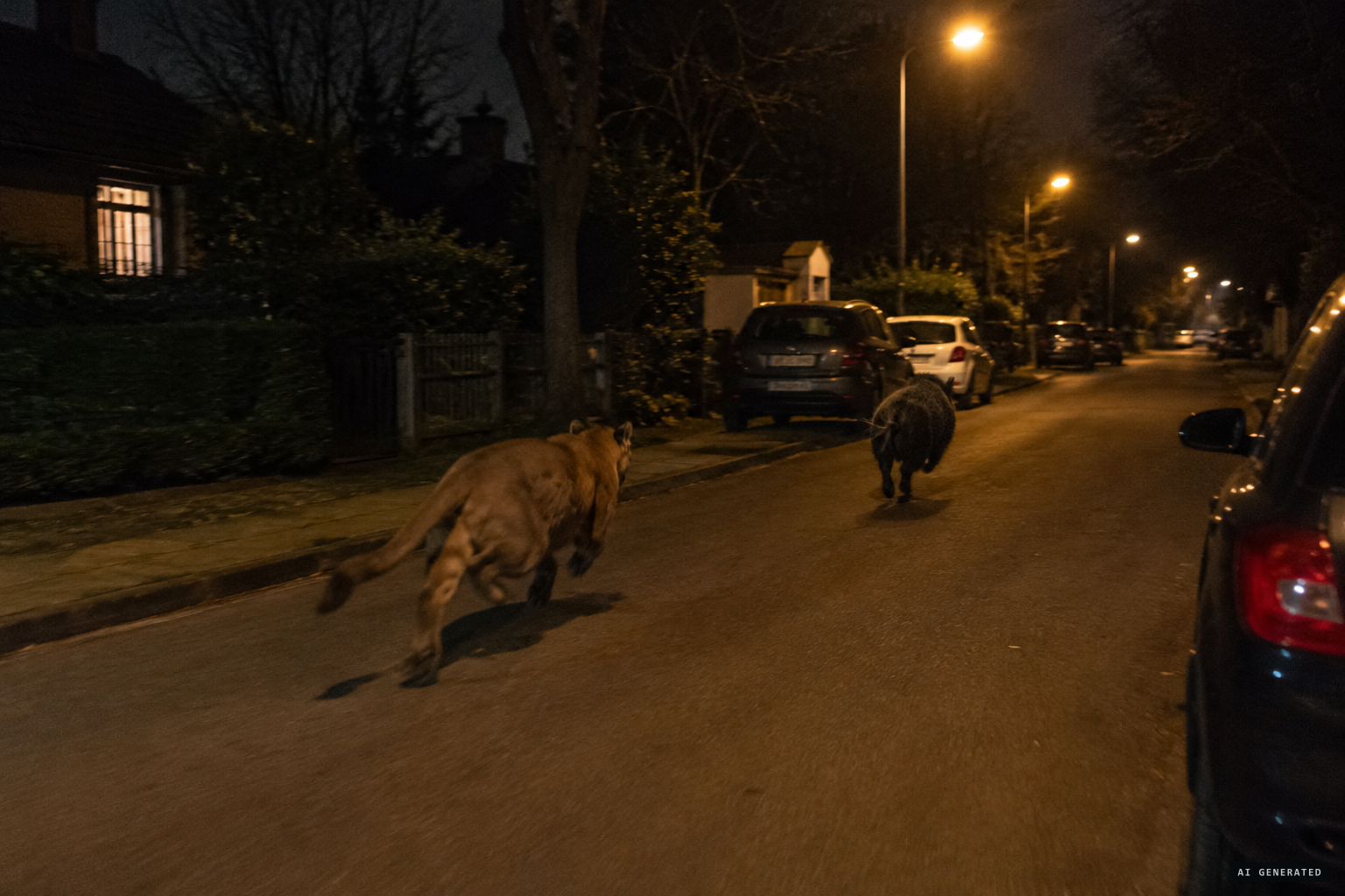 Around midnight, what looked like a lioness chases a wild boar down a street