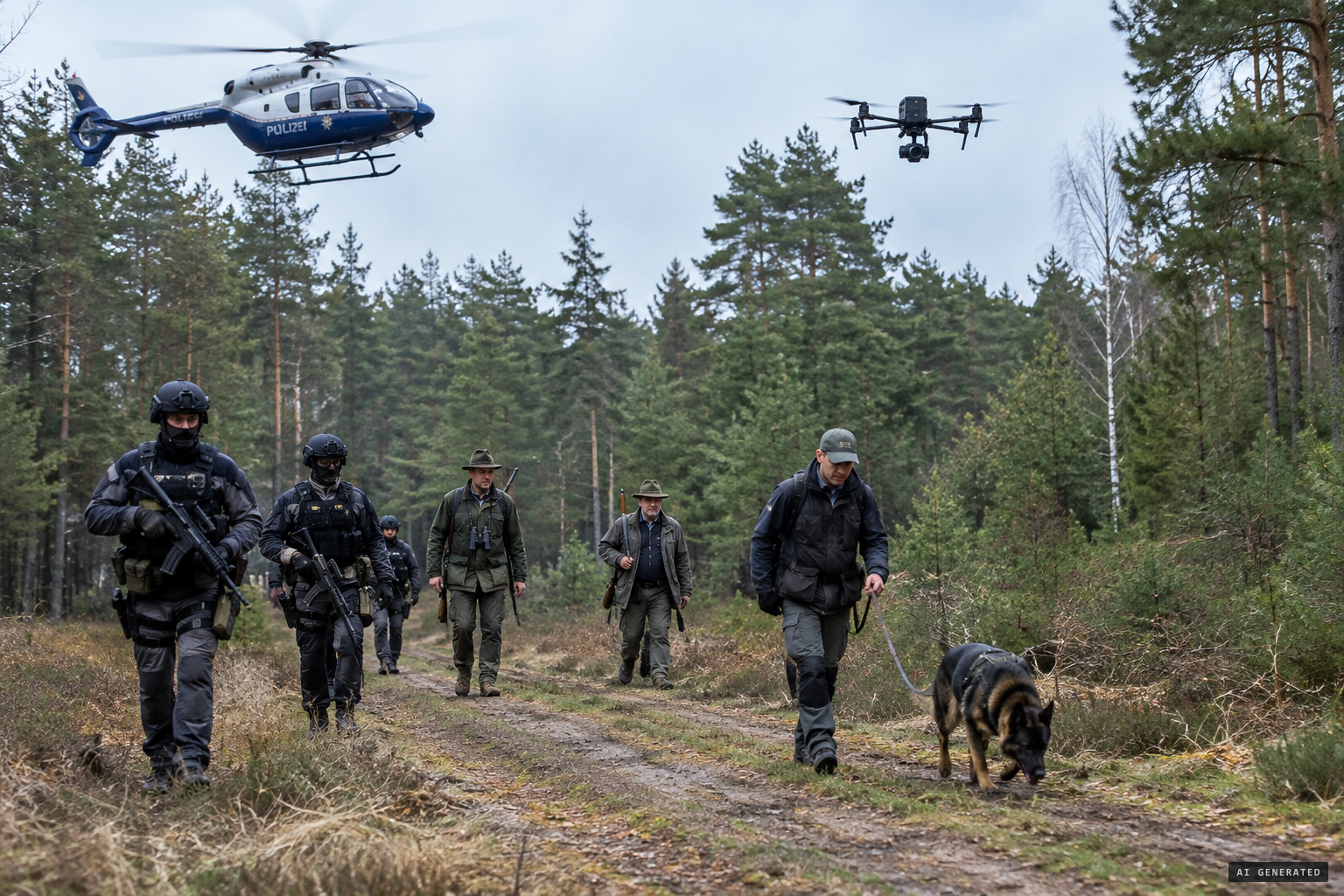 Helicopters, drones, armed officers and sniffer dogs search the forest