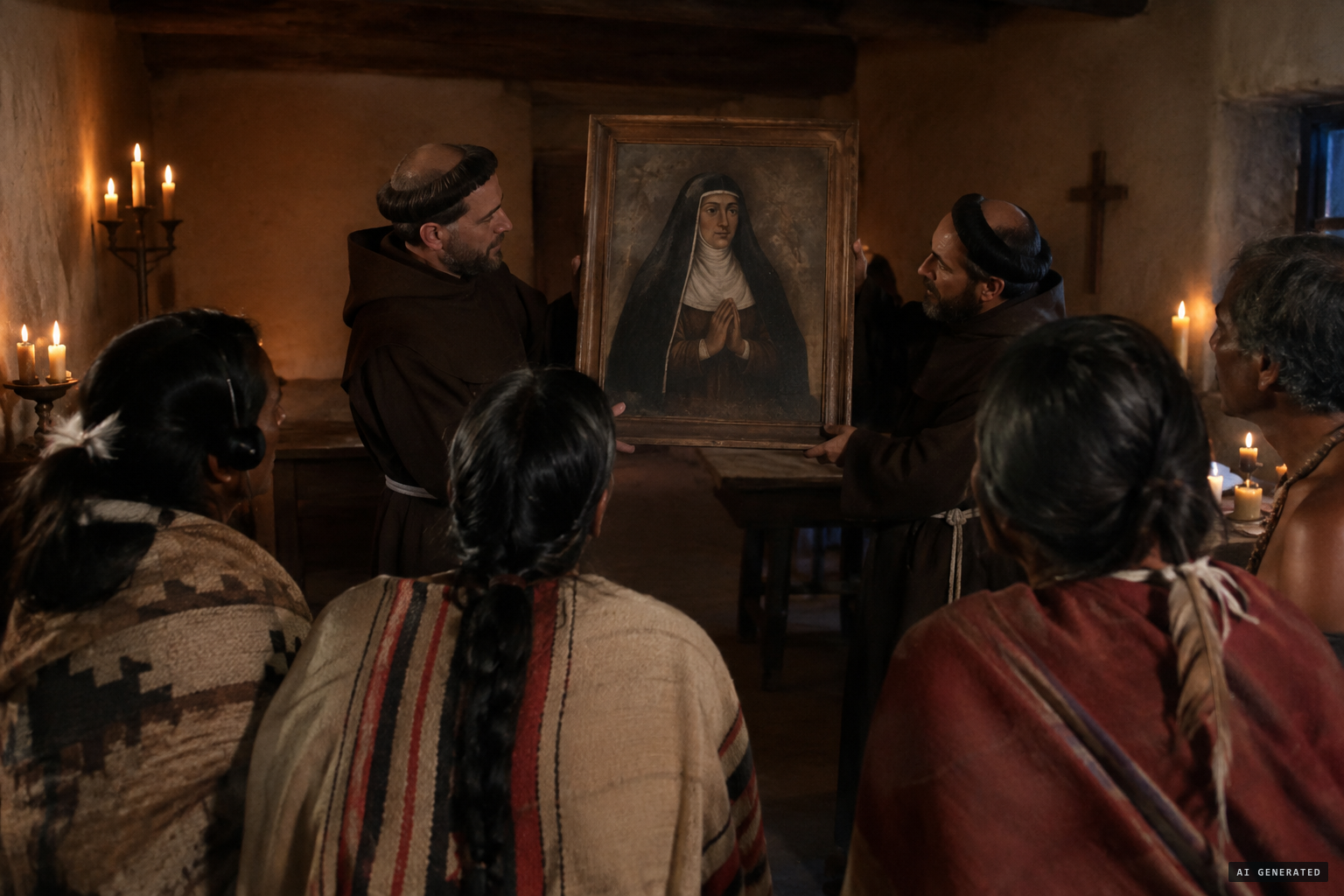 The Jumano are shown a painting of Mother Luisa de Carrión