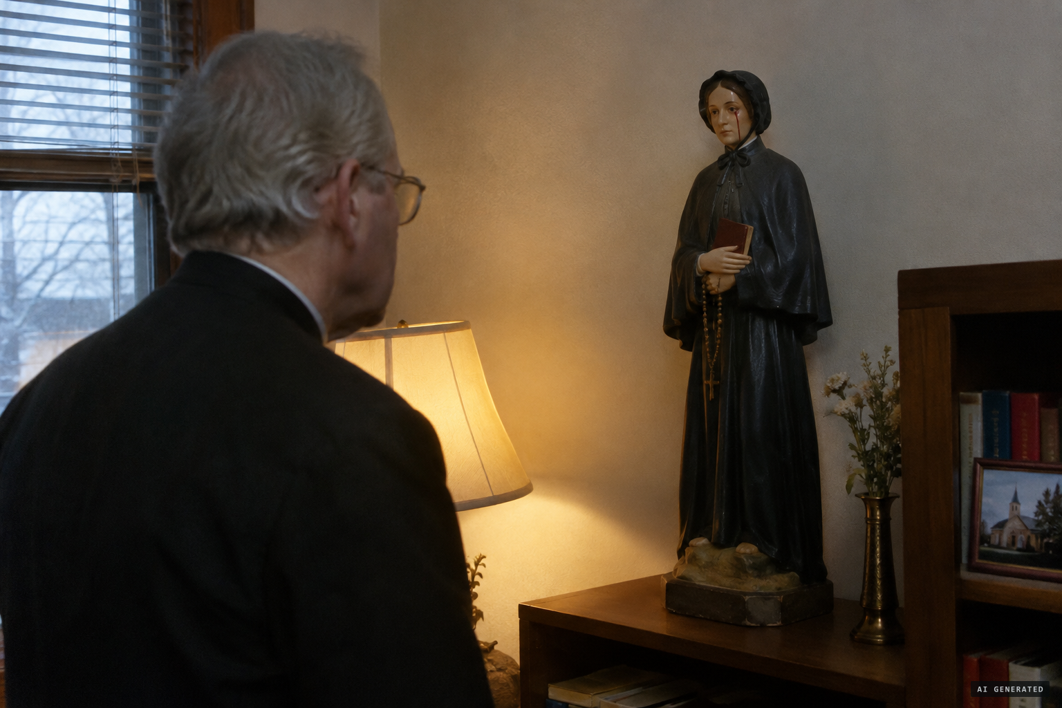 The pastor sees the statue of St. Elizabeth Ann Seton crying blood
