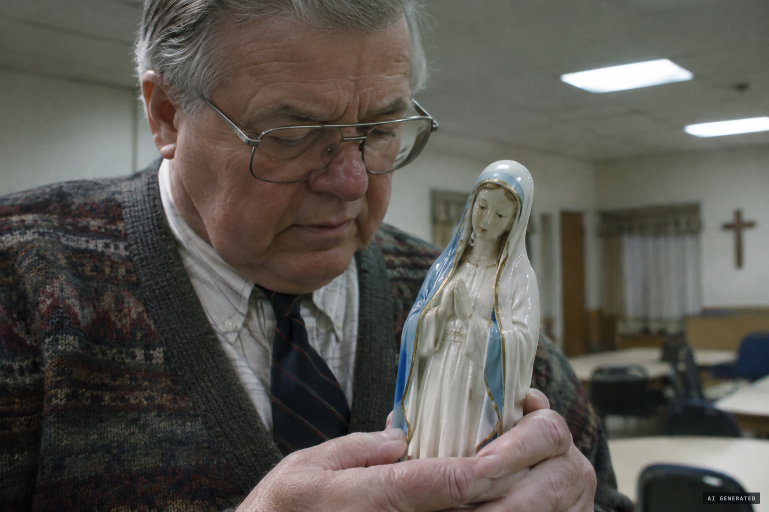 A retired colonel watches water roll down a small statue's porcelain cheeks
